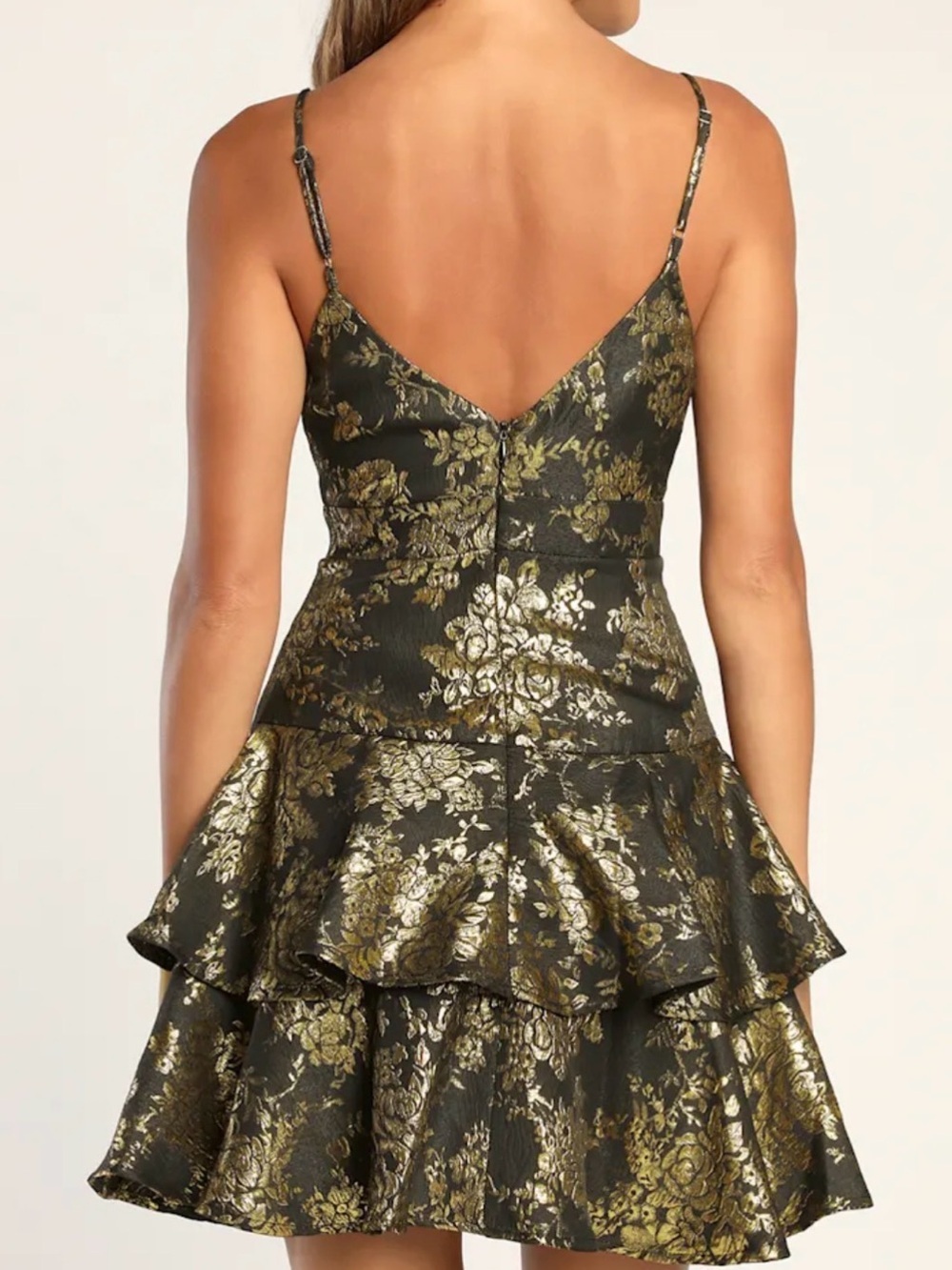 Lulu's Metallic Gold Floral Tiered Mini Dress size L - Picture 2 of 6